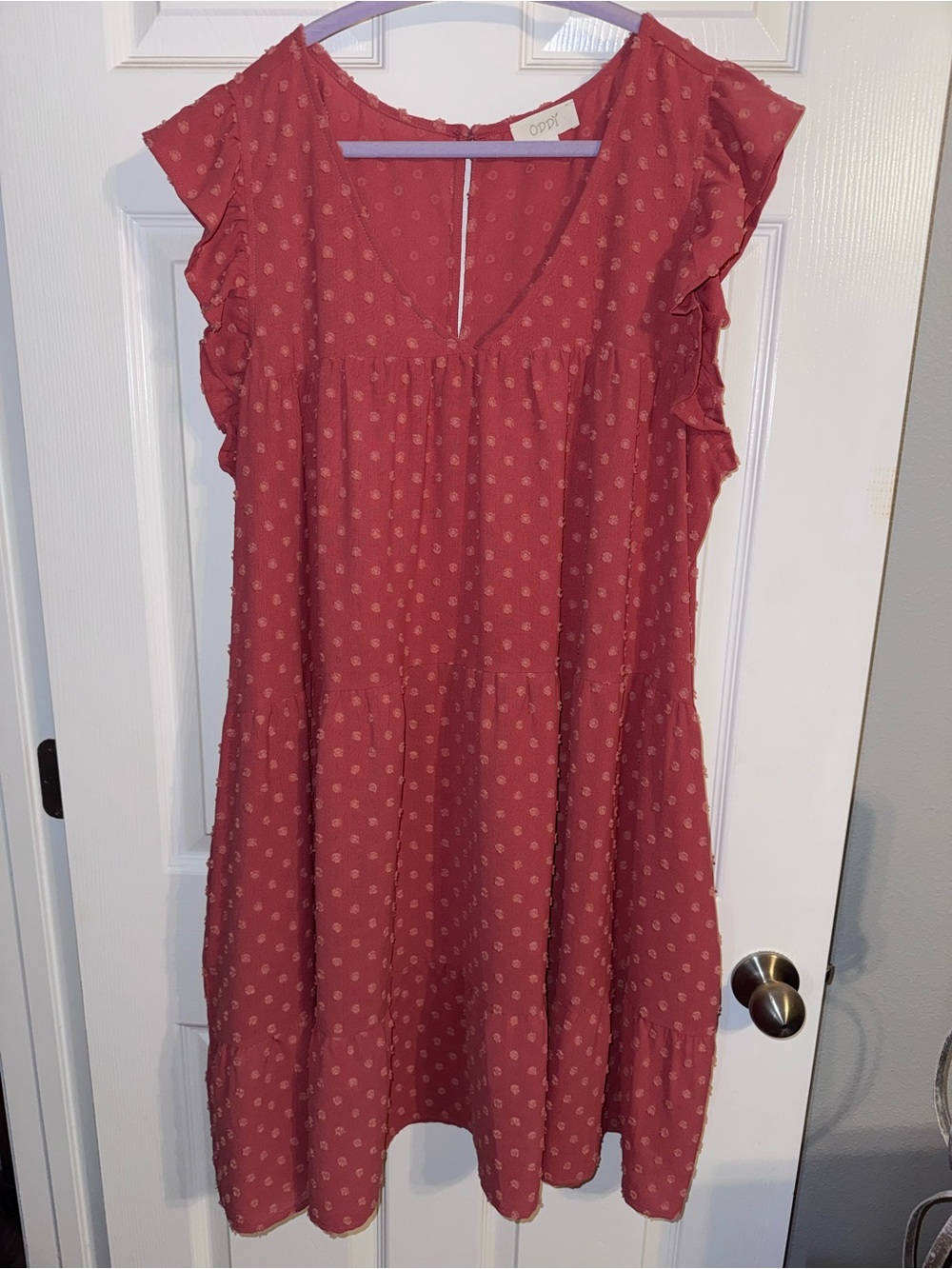 ODDY Rust-Red Polka Dot Ruffle Sleeve Dress